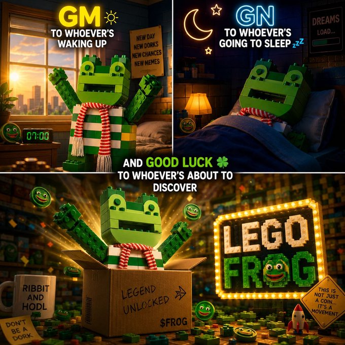 A three-panel meme featuring a LEGO frog character in different scenes: waking up (GM), going to sleep (GN), and emerging from a box labeled 'LEGEND UNLOCKED', with text encouraging discovery of 'LEGO FROG'.