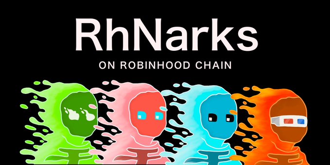 A promotional graphic for 'RhNarks' on Robinhood Chain featuring four colorful, dripping skeleton-like figures against a black background.