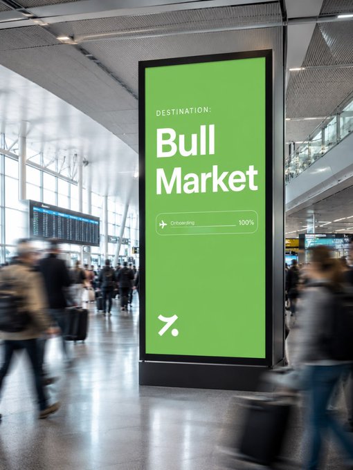 A vibrant green digital billboard in a bustling airport terminal displays "DESTINATION: Bull Market" with an "Onboarding 100%" progress indicator, visually mirroring the post's message of preparing for a thriving market journey ahead. The travel-themed imagery reinforces the idea of readiness and momentum toward bullish financial territory.