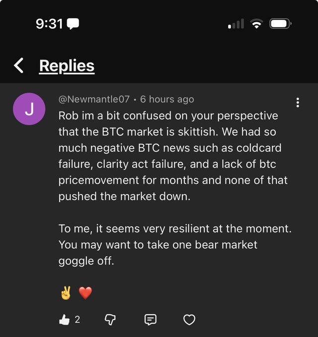 A screenshot of a YouTube reply by user @Newmantle07 discussing BTC market resilience despite negative news like coldcard failure and the Clarity Act failure.