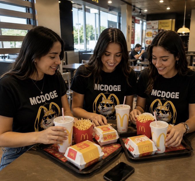 In the image, three women are sitting at a table with McDonald's food items such as fries and drinks. They appear to be enjoying their meal together. The photo also includes an iPhone that has a post from MCDOGE on it, suggesting they might have ordered the meal through the restaurant's app or website.

The main focus of the image is the three women sitting at the table with food in front of them and the presence of the iPhone displaying the MCDOGE post. The scene captures a moment where these women are sharing a meal together, possibly discussing their experience or planning what to do next after finishing their meal.
