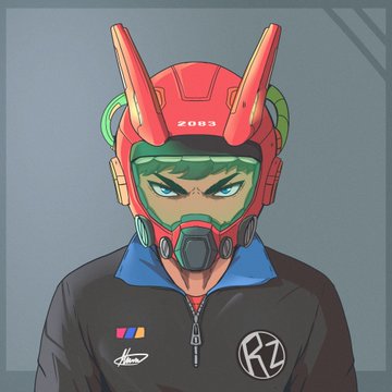 A stylized illustration of a person wearing a red and green futuristic helmet with horn-like protrusions and a jacket featuring 'RZ' logo and '2003' text.