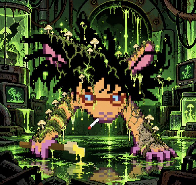 Pixel art depicting a woman with large black hair, glasses, and a cigarette in her mouth, surrounded by dripping green slime and mushrooms in a toxic lab environment.