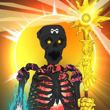 A skeletal figure with glowing yellow eyes and a bandana holds an ornate golden staff radiating bright light beams, embodying the "hold" ethos the post advocates. The fiery, determined skeleton serves as a visual metaphor for weathering NFT market FUD and maintaining conviction through volatility.
