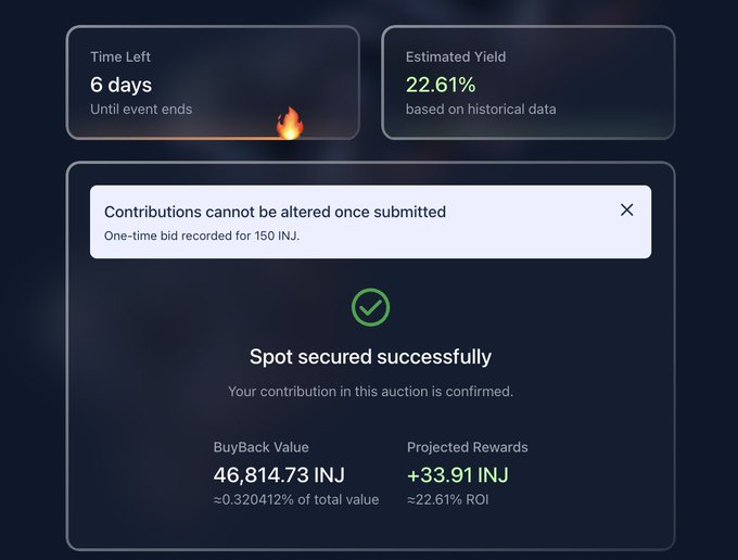 The image displays a screenshot of an auction page with various details, including the estimated yield for a successful bid amount based on historical data. The auction also includes a Buyback option for a contribution or reward made by the buyer at the end of the bidding process. There are three different options displayed in the image – one being the Auction itself, another for the Buyback value and the third for projected rewards.