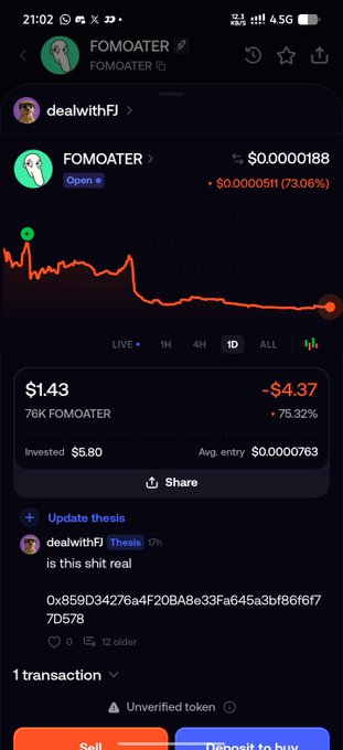 A cryptocurrency app screen showing the FOMOATER token chart with a price of $1.43, showing a -$4.37 (-75.32%) loss, with a comment asking 'is this shit real'.