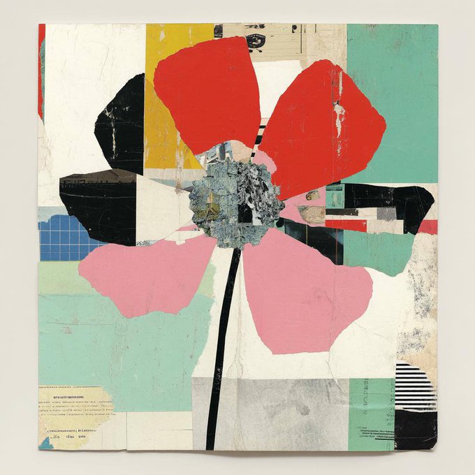 A mixed-media collage artwork featuring a stylized flower with red and pink petals and a textured gray center, set against a patchwork background of yellow, teal, black, and cream geometric shapes and textured paper fragments.