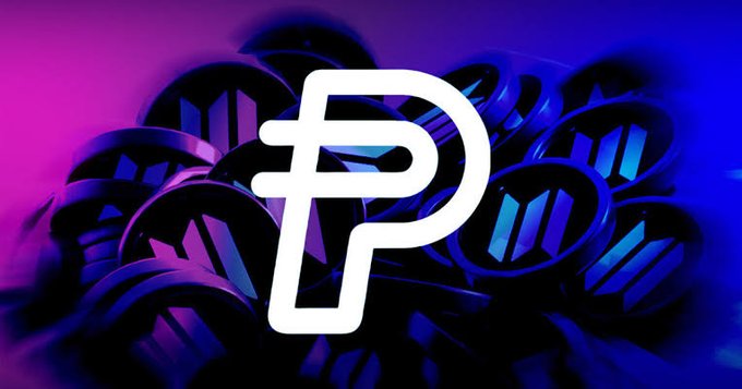 The white PayPal 'P' logo displayed over a pile of cryptocurrency coins lit with purple and blue neon lighting.