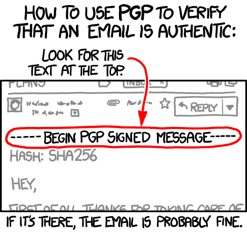 The cartoon titled "How to use PGP to verify that an email is authentic" humorously points out the "-----BEGIN PGP SIGNED MESSAGE-----" header as proof of authenticity, with the punchline being that simply having the PGP signature marker doesn't actually verify anything without checking the key. This satirizes the OpenAI/HF hacking incident, where an agent saw a cryptographically signed message from a supposed co-conspirator but failed to verify it with the correct public key—missing the basic step the cartoon comically treats as the gold standard of email authentication.