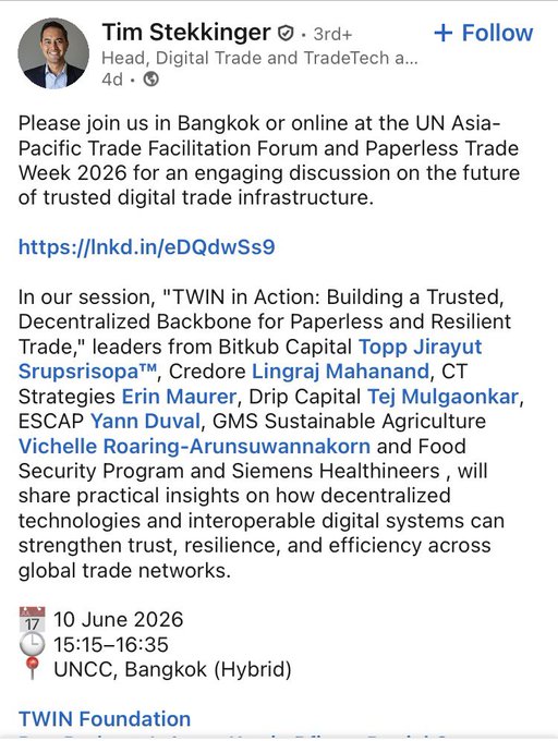 The image features a screenshot of a Facebook post with text from a Twitter feed. The post is titled "Twin Foundation" and includes a postcard about an event at the United Nations (UN) and Southeast Asia, hosted by the Southeast Asian Digital Trade and Technology Hub (SEADTH). A quote from Tim Stekekinger is also visible in the post, adding credibility to the content being shared. The text highlights that attendees can join us in Bangkok or online for a discussion on digital trade infrastructure.