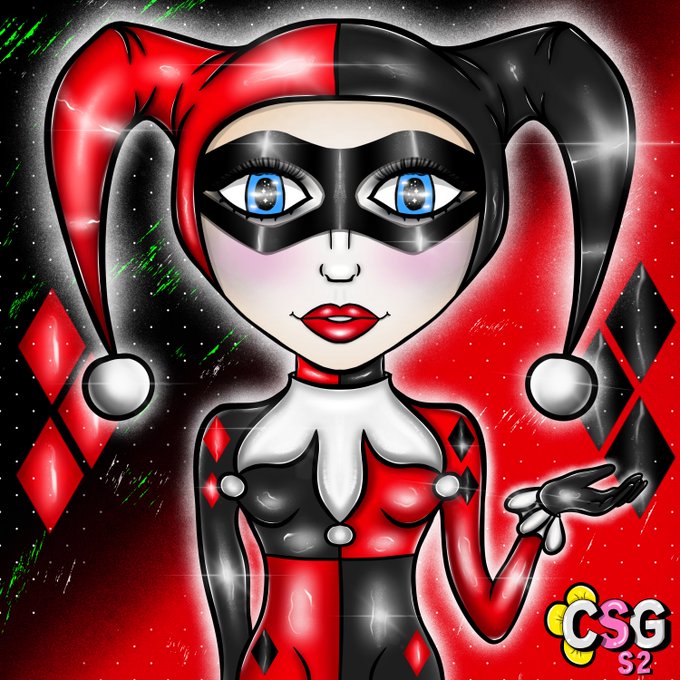 A digital illustration of a stylized jester/harlequin character in red and black with pigtails, blue eyes, and a domino mask, signed 'CSG S2' in the bottom right corner.