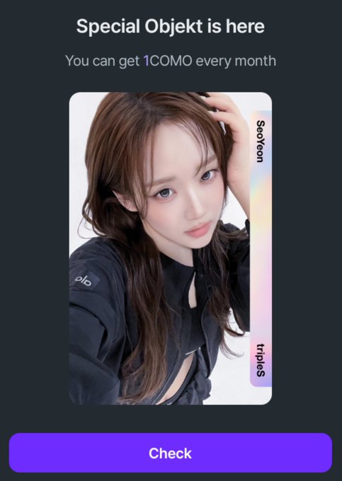 A mobile app notification displaying a digital K-pop photocard of an artist labeled 'Seoyeon' from the group 'triples,' with text reading 'Special Objekt is here' and 'You can get 1COMO every month.'