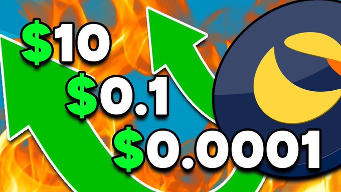 The image shows a graphic featuring the LUNC (Terra Luna Classic) logo alongside an upward-pointing green arrow on a fiery background, displaying price points of "$10," "$0.1," and "$0.0001." This visually emphasizes the post's bullish sentiment about LUNC's potential to surge past these price levels, particularly highlighting the "$1" target and "$0.26 turning point" mentioned in the caption.