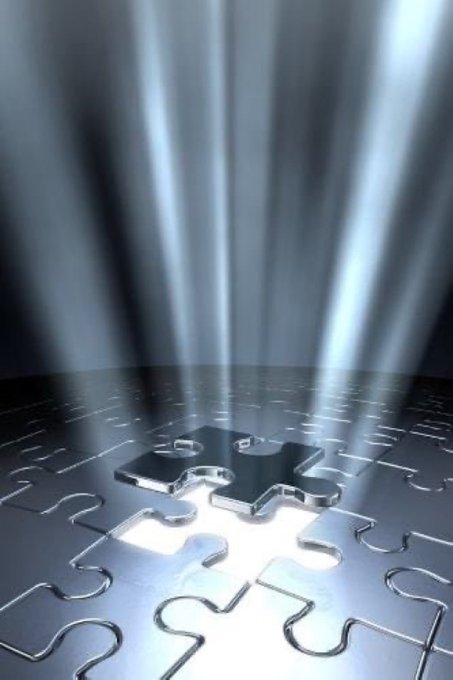 A digital 3D rendering of a glowing missing puzzle piece with light rays beaming upward from a dark jigsaw puzzle surface.
