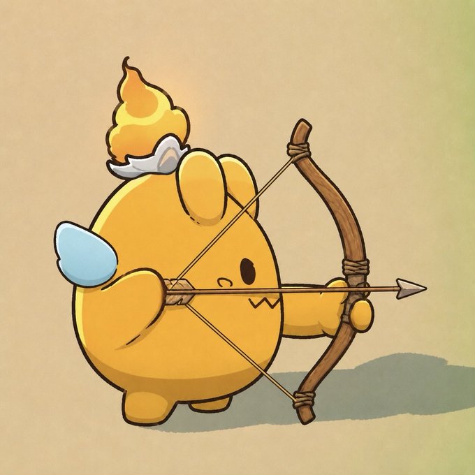 Cartoon illustration of a round, yellow creature with small wings and a dollop of cream on its head, drawing back a wooden bow and arrow.