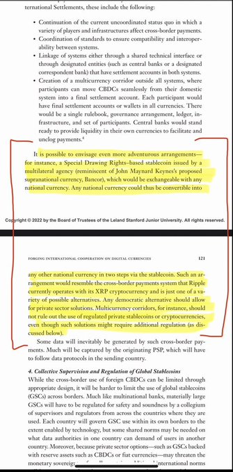 Page 121 from 'Forging International Cooperation in Digital Currencies' by the Board of Trustees of the Leland Stanford Junior University, with a highlighted paragraph about a multilateral agency and Special Drawing Rights-based stablecoin proposed by John Maynard Keynes.