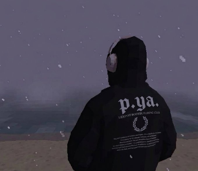 A pixelated digital art piece showing a hooded figure with headphones wearing a hoodie with 'p.y.a. LENINIST BODYBUILDING CLUB' printed on the back, facing a snowy beach.