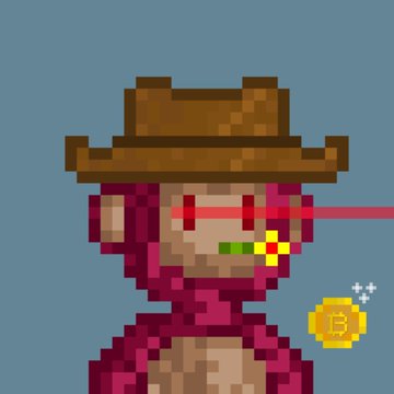 Pixel art depicts a character in a brown cowboy hat and red shirt being shot by a red laser beam, with a Bitcoin coin visible in the corner.