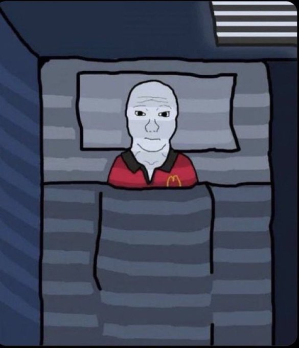 A "Wojak" meme character lies in bed wearing a McDonald's uniform, depicting the regretful post misser who dismissed "Ansem" and "Cash Cat" as fake pumps before they surged.