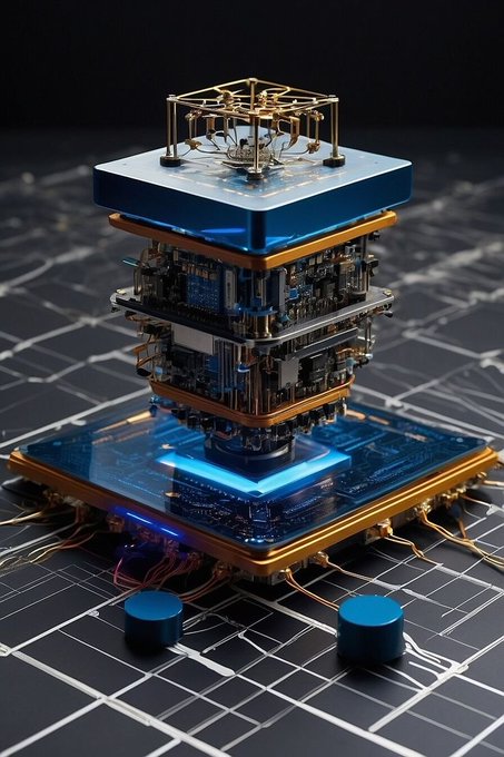 A 3D rendered futuristic stacked electronic device or circuit board with glowing blue elements, gold accents, and intricate wiring on a grid-patterned surface.