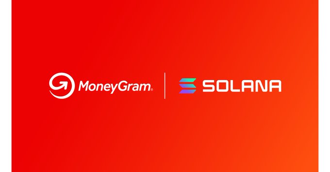 The image shows the MoneyGram and Solana logos side by side on a red-orange gradient background, visually representing MoneyGram's official expansion of its money transfer ramp service from Stellar to also include the Solana blockchain, making it the company's first multi-chain offering.