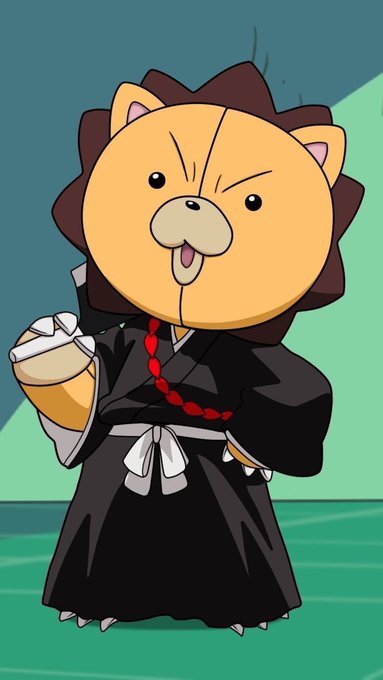 An illustration of a cartoon lion character dressed in a black kimono-like robe with a red beaded necklace, holding a small bag.