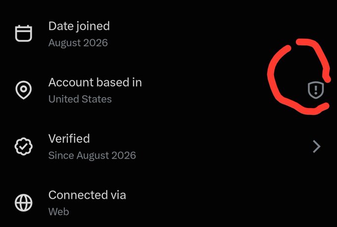 A profile information screen shows 'Date joined August 2026', 'Account based in United States', and 'Verified Since August 2026' with 'Connected via Web', alongside a red hand-drawn circle highlighting a security icon.