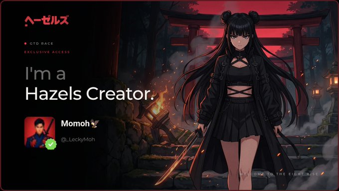 A dark-themed digital banner featuring an anime-style character, displaying the Japanese text 'ヘーゼルス', the English text 'I'm a Hazels Creator.', and the username 'Momoh' (@_LeckyMoh).