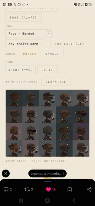 A mobile screenshot of a pixel-art NFT marketplace showing a grid of dark skeleton characters; filters read 'BONE (4,479)', 'TRAIT: Fate · Burned', and '20 OF 9,999 SHOWN', with the site 'argonauts.musefa...' visible.
