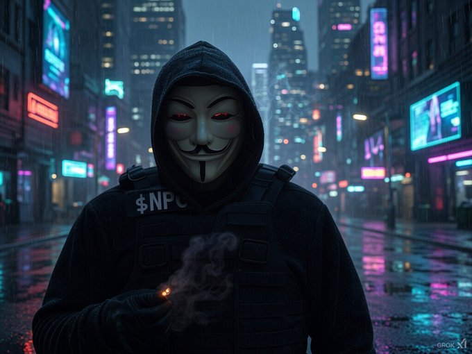 A digital artwork depicting a hooded figure wearing a Guy Fawkes mask with glowing red eyes and a vest labeled '$NPC', holding a smoking flare in a rainy, neon-lit cyberpunk city street, with a 'GROK' watermark in the corner.
