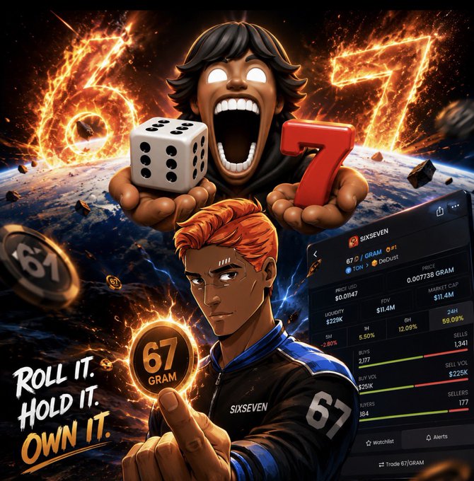 A fiery, stylized promotional graphic for the $67/GRAM token (associated with @sixsevenapp) features two characters against a burning cosmic backdrop, with the lower one holding a glowing "67 GRAM" coin and a trading chart showing a price of 0.00738 and market cap of $11.4M, accompanied by the tagline "Roll it. Hold it. Own it." — visually reinforcing the post's message that the previously dismissed "points" now have real, tradable value on DEXs.