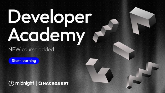 A promotional graphic for 'Developer Academy' advertising a new course, with a 'Start learning' button and logos for midnight and HACKQUEST.
