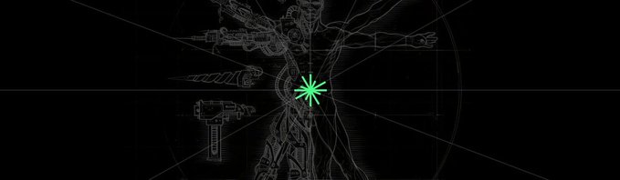 A dark, schematic-style image featuring a detailed character outline with weapons, centered around a glowing green cannabis leaf, rendered with technical grid lines on a black background.