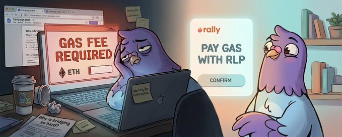 The image features two cartoon birds sitting at a desk, with one bird looking sad or tired as if it has been working on a computer for hours. A laptop is open on the desk, suggesting that they are using it for their work. The background of the image shows a sign that says "gas fee required", indicating that they need to pay for gas before they can continue their work. There's also an overlay with text about paying gas fees and how to do so.