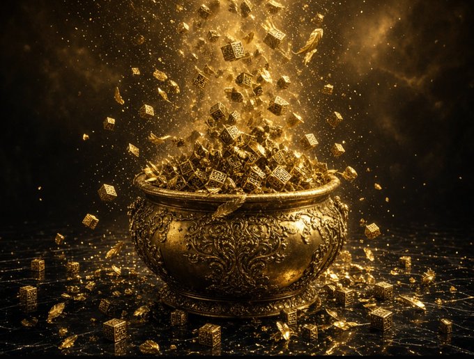 A digital rendering of an ornate, golden bowl overflowing with glowing, intricate golden cubes and particles against a dark background.