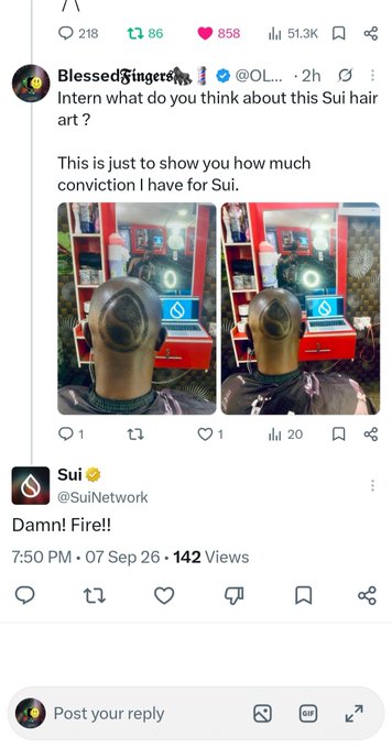 A screenshot of a social media post where user 'BlessedFingers' shows their shaved hair art to 'Sui' (@SuiNetwork), who replies 'Damn! Fire!!' expressing approval.