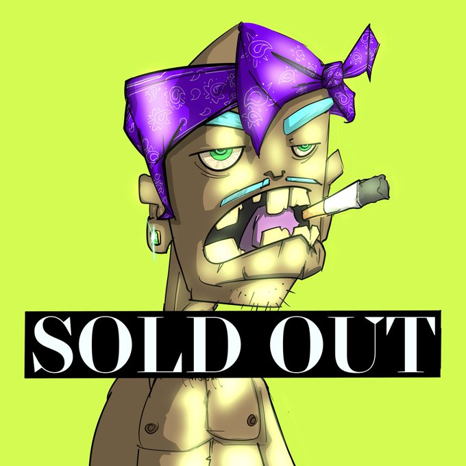 A cartoon illustration of a zombie-like character with green eyes, a purple bandana, and a cigarette, with the words 'SOLD OUT' displayed prominently in a black rectangle against a green background.