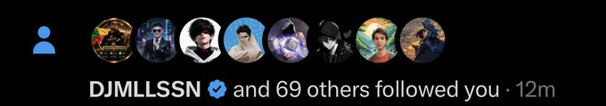 A social media notification showing 'DJMLLSSN and 69 others followed you · 12m' with profile pictures of various celebrity and fictional characters.