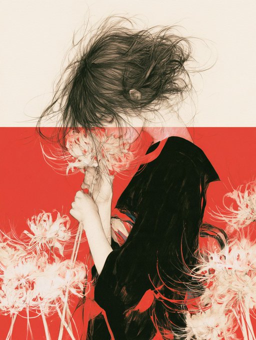 An illustration shows a figure in dark clothing with messy hair against a striking red and cream background, surrounded by delicate white flowers.
