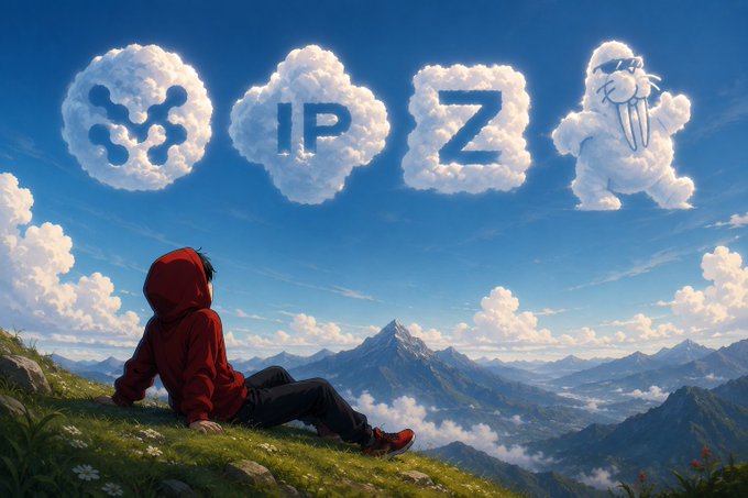 An illustration of a person in a red hoodie sitting on a grassy hill overlooking a mountain range, with cloud-shaped graphics forming 'IPZ' and a cartoon character in the sky.