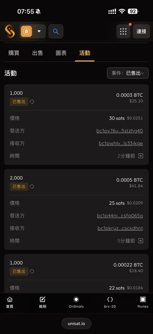 A screenshot of a Bitcoin Ordinals marketplace activity page (unisat.io) showing three completed sales at prices ranging from 30 sats ($0.0251) down to 22 sats ($0.0184), with the most recent sale occurring 2 minutes ago, supporting the post's announcement of selling out a batch in the 18-25u price range.