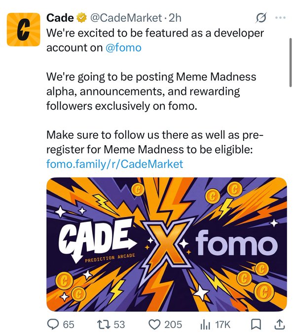A tweet from verified account @CadeMarket announces a partnership with @fomo, featuring a "CADE x fomo" graphic with the tagline "PREDICTION ARCADE."