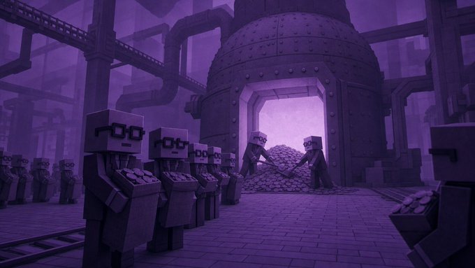 A stylized 3D illustration depicting Minecraft-style blocky figures wearing 'FOX News' headgear working in a dark, purple-lit industrial factory with a large furnace.