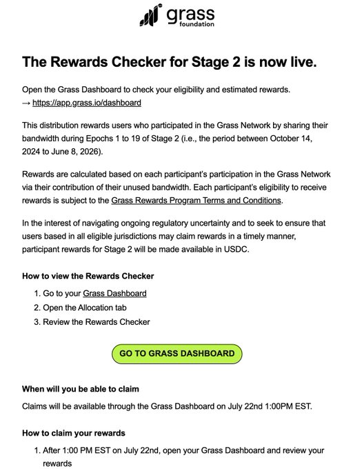 The image shows a Grass Foundation announcement about the live Rewards Checker for Stage 2 of the GRASS airdrop, which rewards users who shared bandwidth between October 14, 2024 and June 8, 2026, with claims opening July 22nd at 1:00 PM EST in USDC. It directly relates to the post as the user checked their allocation via this Rewards Checker, receiving an estimated $7.80 USDC for participating in the Grass Network through Epoch 19 of Stage 2.