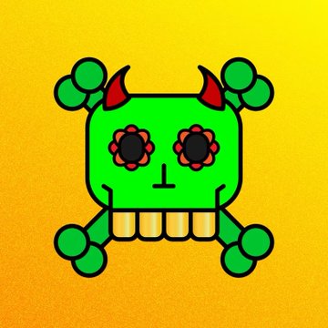 A colorful digital drawing shows a green, square-shaped character with red devil horns, gear-shaped eyes, and round green appendages on a yellow background.
