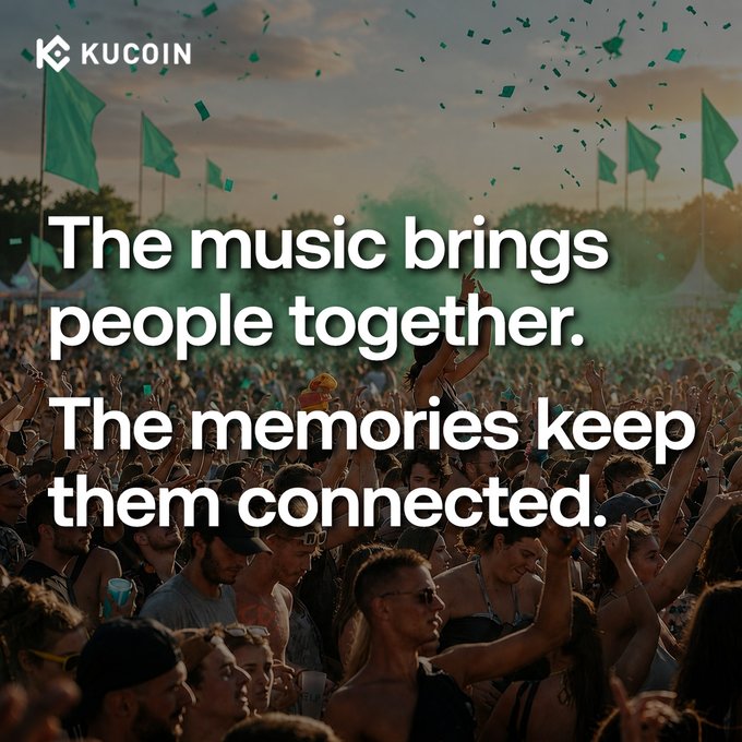 A crowd at Tomorrowland festival with green flags and confetti, overlaid with KuCoin branding and the text "The music brings people together. The memories keep them connected."