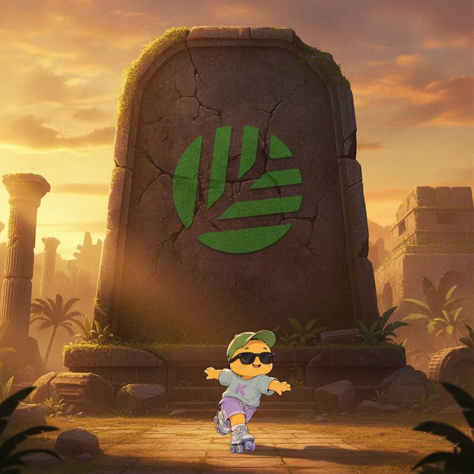 A digital illustration shows a cartoon character wearing a green cap, sunglasses, and roller skates standing in front of a large stone monument engraved with a green logo, set against a sunset backdrop of ancient ruins.