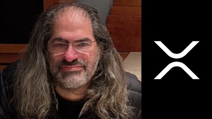 The image shows a man with long hair, glasses, and a beard alongside the XRP cryptocurrency logo. This relates to the post as the man pictured is David Schwartz, Ripple's CTO, whose quote "Demand will decide" addresses concerns about XRP escrow potentially running out sooner than expected.