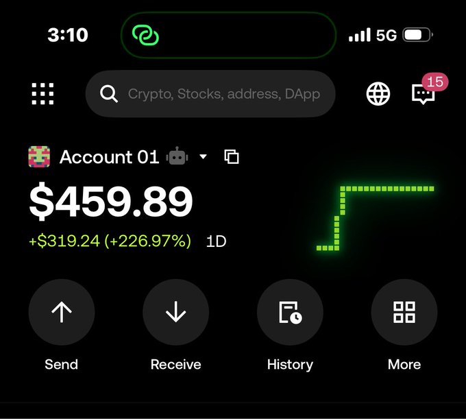 A mobile screenshot of a cryptocurrency wallet app showing 'Account 01' with a balance of $459.89, up $319.24 (+226.97%) over 1D, featuring Send, Receive, History, and More buttons.