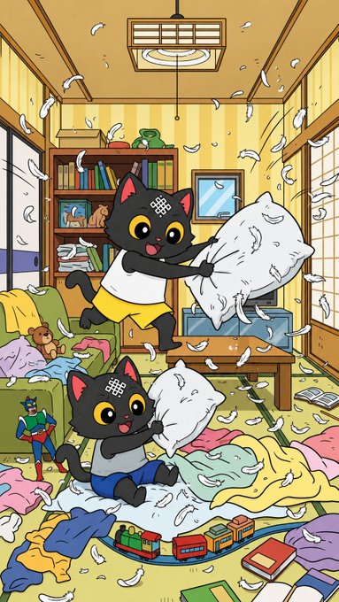 A colorful cartoon illustration of two black cats with '88' on their foreheads having a pillow fight in a messy living room filled with scattered clothes and toys.